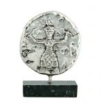 Godess with Snakes, Knossos, Brass relief plaque, plated in silver solution 999°, mounted on greek black marble base with white and gray waters.