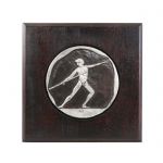 Javelin Throw, Olympic Games, Copper plaque with patina, plated in silver solution 999° and mounted on a wooden frame.