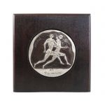 Stadion Race, Olympic Games, Copper plaque with patina, plated in silver solution 999° and mounted on wooden frame.