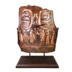 Copper Armor, Ancient Olympia, Clock with depictions of Zeus and Apollo with his lyre, placed on wooden base.