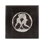 Wrestling, Olympic Games, Silver-plated, Copper plaque with patina, plated in silver solution 999° and mounted on wooden frame.