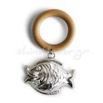 Fish, Rattle in silver 999° with a wooden ring.