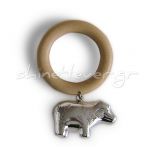 Hippopotamus figurine, Silver 999° Baby Rattle on a wooden ring