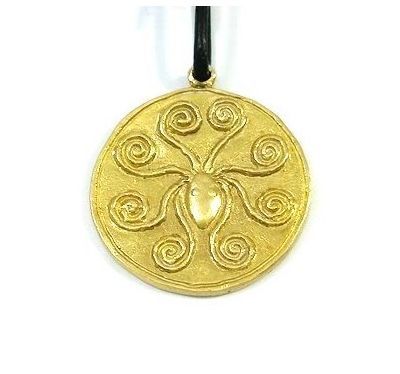 Mycenaean octapus golden hair decoration. Handmade shiny solid brass, available as a key-ring as well. Offered in gift packaging.