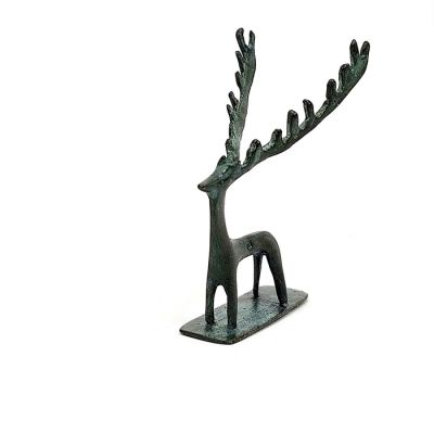 Bronze Reindeer Figurine on base. Handmade solid brass with natural green patina on museummasters.gr.