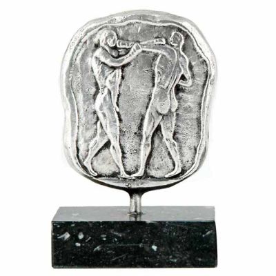 Boxing, Olympic Games, Brass Plaque, coated with silver solution 999°, mounted on a greek black marble base, with white and grey waters.