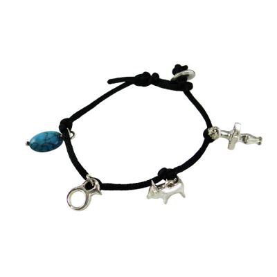 Bracelet with three Ancient Cypriot Figurines, Silver 925° and turquoise stone, braided on a black satin cord.