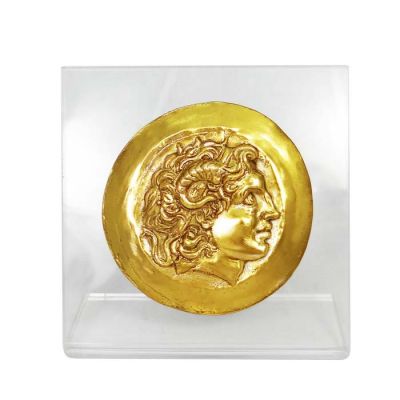 Alexander the Great, Gold Medal of Tarsus, Gold-plated 24K Copper Copy, mounted on an acrylic back (plexiglass).
