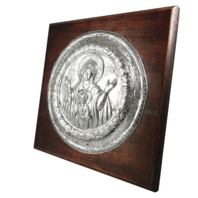 Virgin Mary & Christ Icon from Paros, Sivler-plated Copper on wooden back.