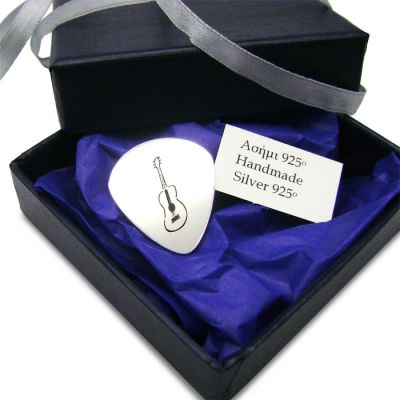 Silver guirtar pick with laser engraving and packaging - Solid silver plectrum