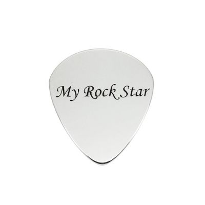 Silver guitar pick (plectrum) with laser engraving - monotype fonts