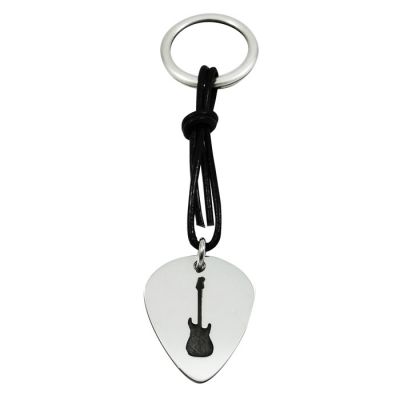Silver guirtar pick key-ring with laser engraving an electric guitar