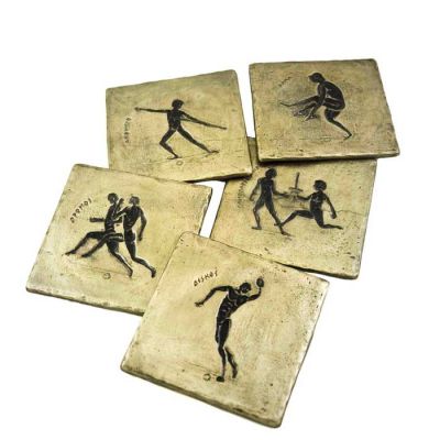 Olympic Games collection of coasters in brass with patinaof the drawings of the sports.