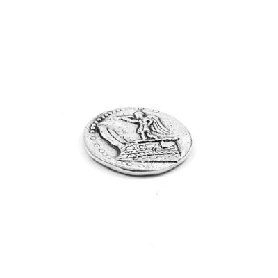 Silver Tetradrachm Coin King Dimitriou (Goddess Victory on a boat's bow). Handmade casted brass silver-plated copy in acrylic case to exhibit both sides of coin.