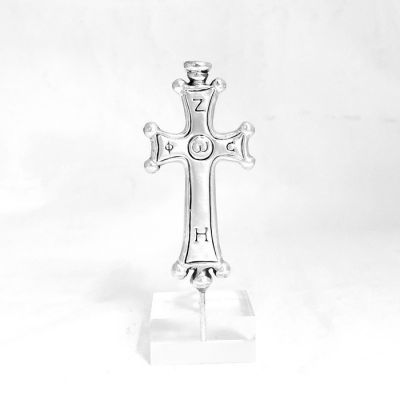 Byzantine Cross "Life-Light" in handmade silver 999° mounted on an acrylic base on museummasters.gr.