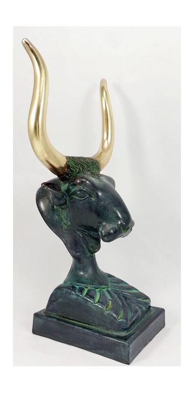 The Minotaur. Bull's head, Handmade sculpture. Alabaster coated with copper with green patina of natural oxidation and golden horns at Museummasters.gr.