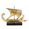 Trireme Brass War Ship, Miniature ship in copper, plated in brass, mounted on a black marble base.